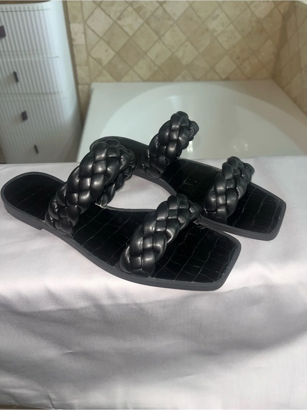 Braided Double-Strap Black Slide Sandals
